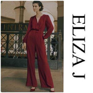 Eliza J Womens 6 Faux Wrap Long Balloon Sleeve Burgundy Wide Leg Jumpsuit Fairy
